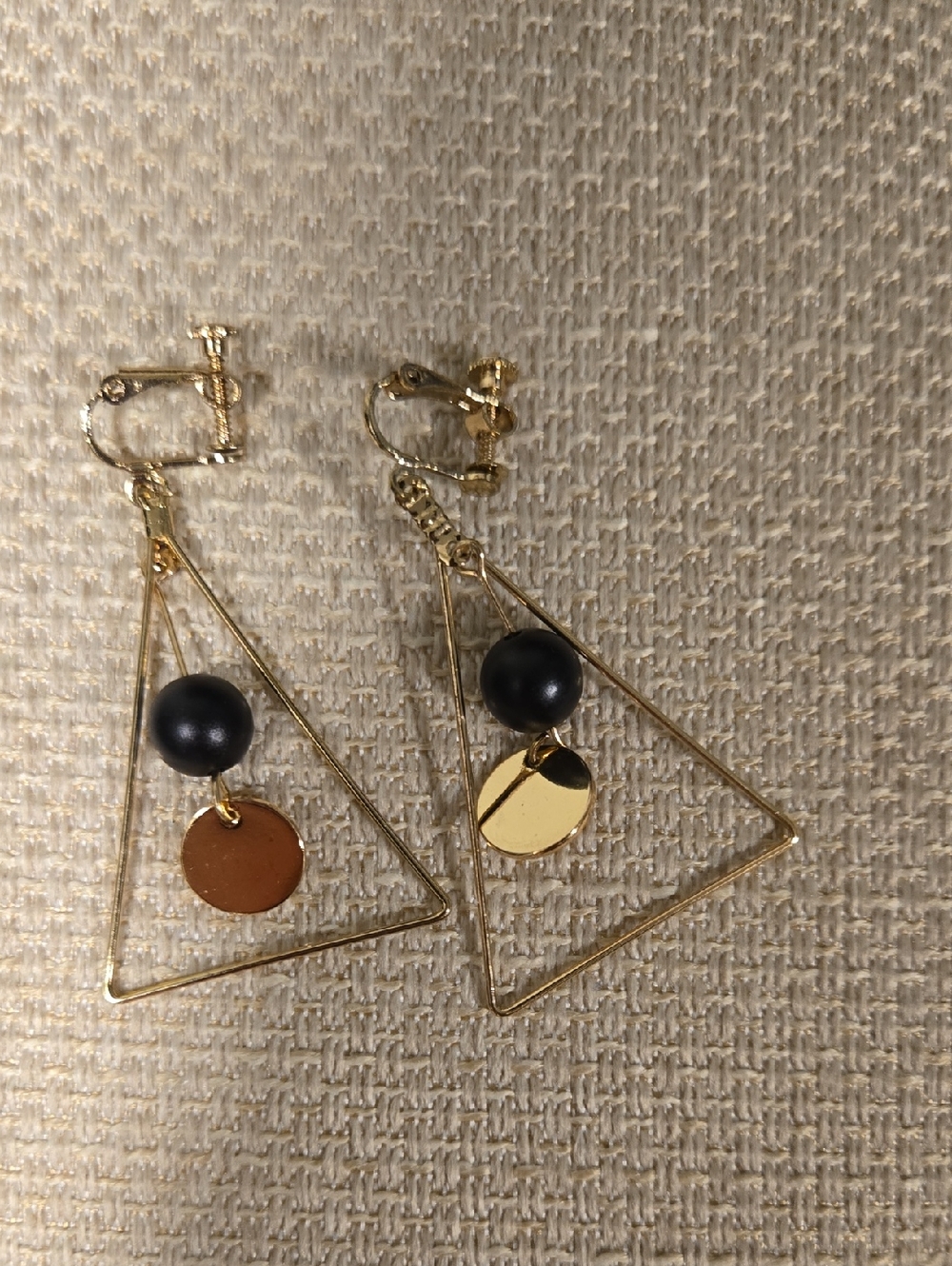 Gold Triangle Drop Clip On Earrings with Black Bead and Disc Accent